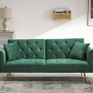 ERYE Futon Sofa Loveseat Convertible Sleeper Couch Bed for Small Space Apartment Office Living Room Furniture Sets Sofabed, Green Velvet 69.7"