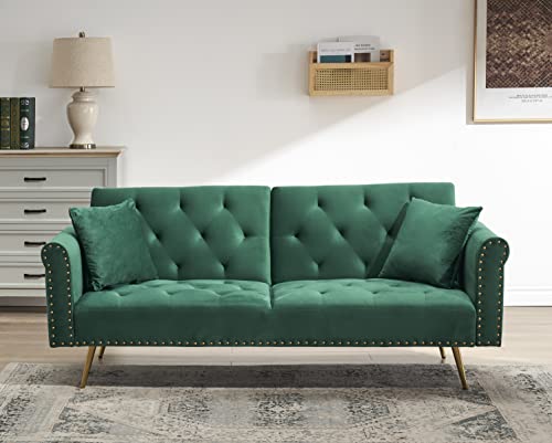 ERYE Futon Sofa Loveseat Convertible Sleeper Couch Bed for Small Space Apartment Office Living Room Furniture Sets Sofabed, Green Velvet 69.7"