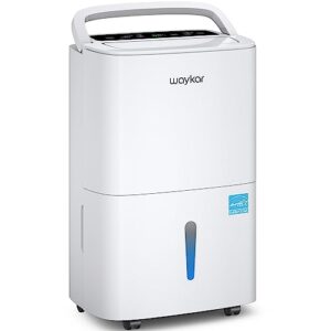 waykar 120 pints energy star home dehumidifier for spaces up to 6,000 sq. ft at home, in basements and large rooms with drain hose, handle, auto defrost and self-drying.