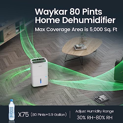 Waykar 80 Pints Energy Star Home Dehumidifier for Spaces up to 5,000 Sq. Ft at Home, in Basements and Large Rooms with Drain Hose, Handle, Auto Defrost and Self-Drying.