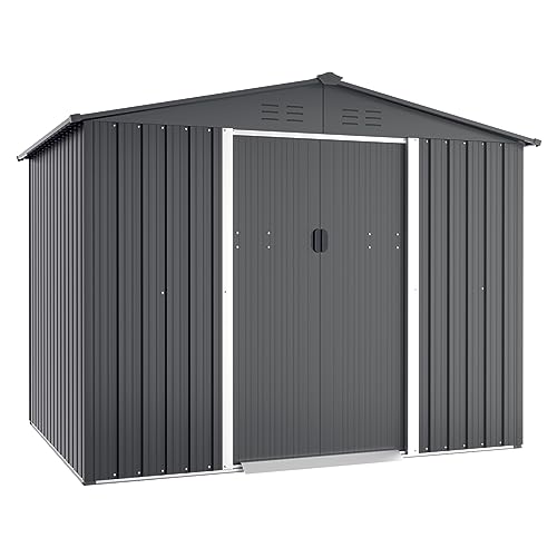 Incbruce 6X8 Ft Outdoor Storage Shed, Double Sloping Roof Metal Shed, Garden Storage Shed with Sliding Door, Metal Shed Kit with Double Doorknobs and Air Vents (Grey)