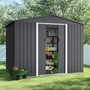 Incbruce 6X8 Ft Outdoor Storage Shed, Double Sloping Roof Metal Shed, Garden Storage Shed with Sliding Door, Metal Shed Kit with Double Doorknobs and Air Vents (Grey)