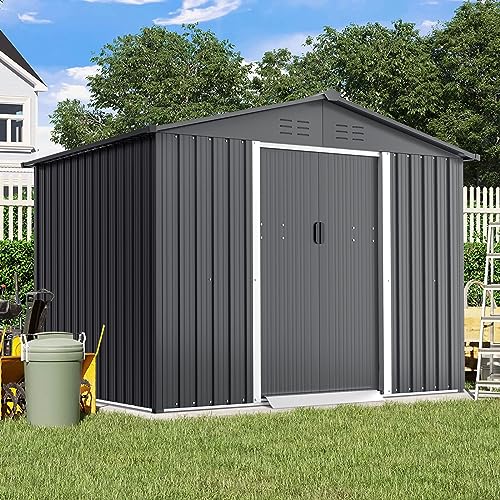 Incbruce 6X8 Ft Outdoor Storage Shed, Double Sloping Roof Metal Shed, Garden Storage Shed with Sliding Door, Metal Shed Kit with Double Doorknobs and Air Vents (Grey)