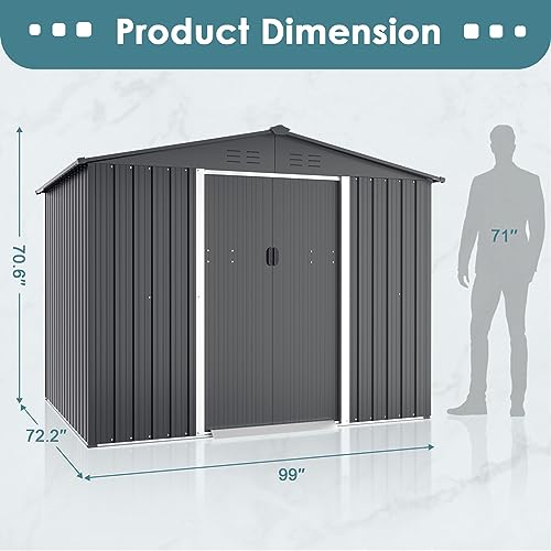 Incbruce 6X8 Ft Outdoor Storage Shed, Double Sloping Roof Metal Shed, Garden Storage Shed with Sliding Door, Metal Shed Kit with Double Doorknobs and Air Vents (Grey)