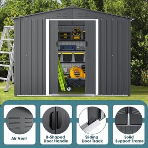 Incbruce 6X8 Ft Outdoor Storage Shed, Double Sloping Roof Metal Shed, Garden Storage Shed with Sliding Door, Metal Shed Kit with Double Doorknobs and Air Vents (Grey)