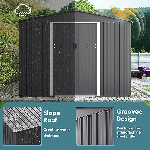 Incbruce 6X8 Ft Outdoor Storage Shed, Double Sloping Roof Metal Shed, Garden Storage Shed with Sliding Door, Metal Shed Kit with Double Doorknobs and Air Vents (Grey)