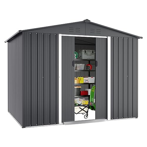 Incbruce 6X8 Ft Outdoor Storage Shed, Double Sloping Roof Metal Shed, Garden Storage Shed with Sliding Door, Metal Shed Kit with Double Doorknobs and Air Vents (Grey)