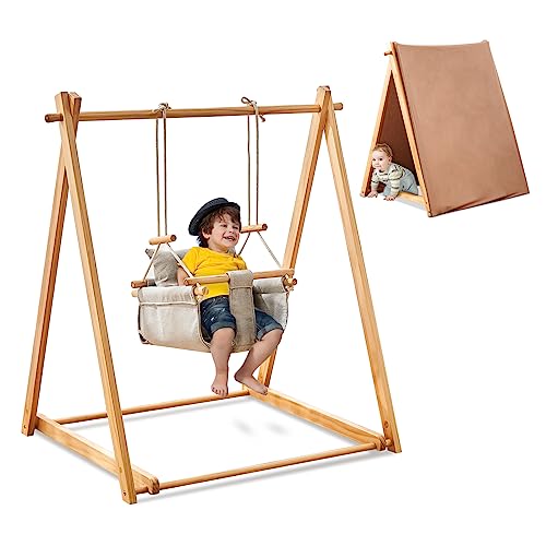 Wooden Toddler Swing Set, Foldable Baby Swing Set with Adjustable Ropes and Backrest Pillow, Durable and Stylish Indoor Swing Set, Swing Set for Toddlers 6-36 Months, Easy to Assemble (Wood)