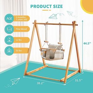 Wooden Toddler Swing Set, Foldable Baby Swing Set with Adjustable Ropes and Backrest Pillow, Durable and Stylish Indoor Swing Set, Swing Set for Toddlers 6-36 Months, Easy to Assemble (Wood)