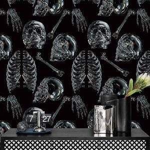 peel and stick wallpaper gothic wallpaper clear crystal skull wallpaper black removable wallpaper removable accent wall decorations temporary wallpaper for bedroom & halloween party 17.3"x118.1"