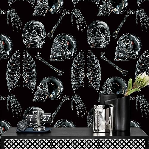 Peel and Stick Wallpaper Gothic Wallpaper Clear Crystal Skull Wallpaper Black Removable Wallpaper Removable Accent Wall Decorations Temporary Wallpaper for Bedroom & Halloween Party 17.3"x118.1"