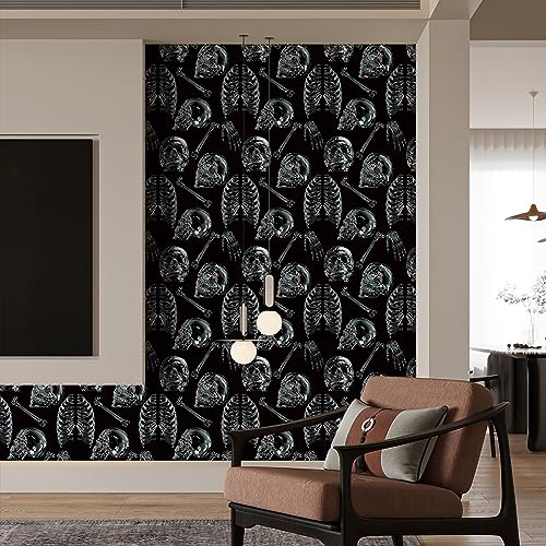 Peel and Stick Wallpaper Gothic Wallpaper Clear Crystal Skull Wallpaper Black Removable Wallpaper Removable Accent Wall Decorations Temporary Wallpaper for Bedroom & Halloween Party 17.3"x118.1"