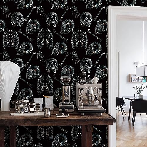 Peel and Stick Wallpaper Gothic Wallpaper Clear Crystal Skull Wallpaper Black Removable Wallpaper Removable Accent Wall Decorations Temporary Wallpaper for Bedroom & Halloween Party 17.3"x118.1"