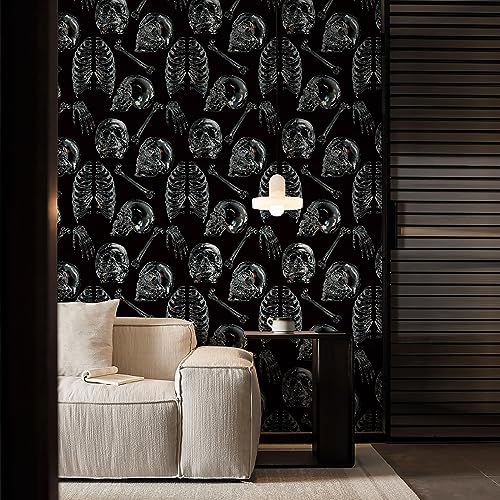 Peel and Stick Wallpaper Gothic Wallpaper Clear Crystal Skull Wallpaper Black Removable Wallpaper Removable Accent Wall Decorations Temporary Wallpaper for Bedroom & Halloween Party 17.3"x118.1"