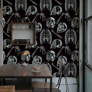 Peel and Stick Wallpaper Gothic Wallpaper Clear Crystal Skull Wallpaper Black Removable Wallpaper Removable Accent Wall Decorations Temporary Wallpaper for Bedroom & Halloween Party 17.3"x118.1"