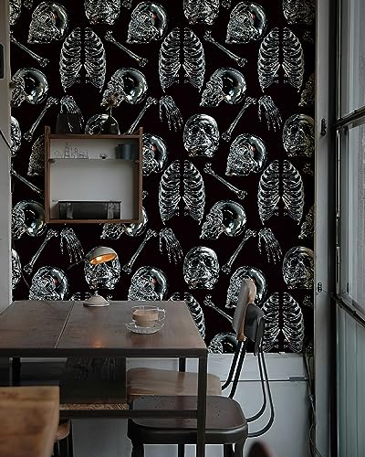 Peel and Stick Wallpaper Gothic Wallpaper Clear Crystal Skull Wallpaper Black Removable Wallpaper Removable Accent Wall Decorations Temporary Wallpaper for Bedroom & Halloween Party 17.3"x118.1"