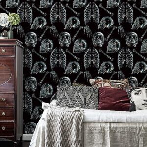 Peel and Stick Wallpaper Gothic Wallpaper Clear Crystal Skull Wallpaper Black Removable Wallpaper Removable Accent Wall Decorations Temporary Wallpaper for Bedroom & Halloween Party 17.3"x118.1"