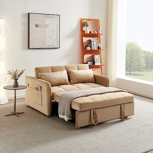 Velvet Pull Out Sleeper Sofa, Convertible Futon Sofa Bed with USB Port, Modern Pullout Couch with Pillows and Pockets, Upholstered Small Loveseat for Living Room, Guest Room (Khaki)