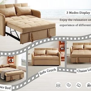 Velvet Pull Out Sleeper Sofa, Convertible Futon Sofa Bed with USB Port, Modern Pullout Couch with Pillows and Pockets, Upholstered Small Loveseat for Living Room, Guest Room (Khaki)