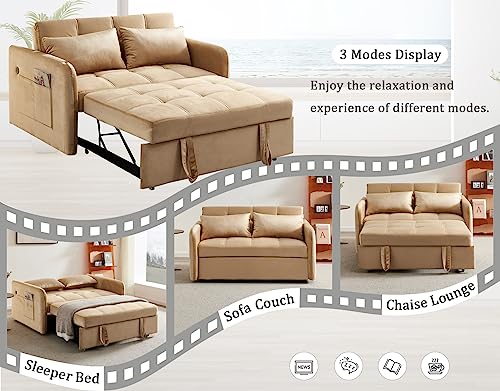 Velvet Pull Out Sleeper Sofa, Convertible Futon Sofa Bed with USB Port, Modern Pullout Couch with Pillows and Pockets, Upholstered Small Loveseat for Living Room, Guest Room (Khaki)