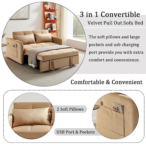 Velvet Pull Out Sleeper Sofa, Convertible Futon Sofa Bed with USB Port, Modern Pullout Couch with Pillows and Pockets, Upholstered Small Loveseat for Living Room, Guest Room (Khaki)