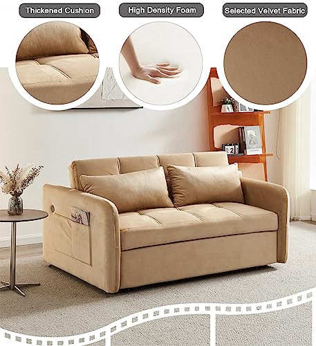 Velvet Pull Out Sleeper Sofa, Convertible Futon Sofa Bed with USB Port, Modern Pullout Couch with Pillows and Pockets, Upholstered Small Loveseat for Living Room, Guest Room (Khaki)