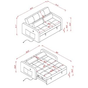 Velvet Pull Out Sleeper Sofa, Convertible Futon Sofa Bed with USB Port, Modern Pullout Couch with Pillows and Pockets, Upholstered Small Loveseat for Living Room, Guest Room (Khaki)