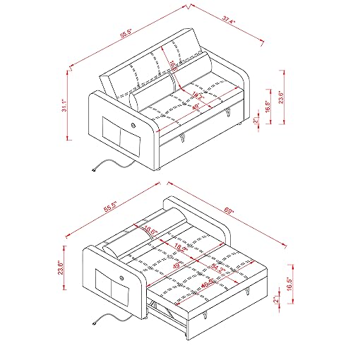 Velvet Pull Out Sleeper Sofa, Convertible Futon Sofa Bed with USB Port, Modern Pullout Couch with Pillows and Pockets, Upholstered Small Loveseat for Living Room, Guest Room (Khaki)