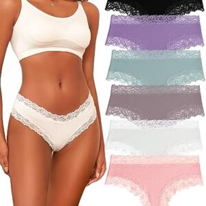 FINETOO Womens Cotton Underwear Sexy Lace Hipster Panties Soft Breathable Cotton Brazilian Bikini Ladies 6 Pack(6BM)