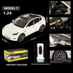 Model Y Toy Cars 1/24 Alloy Diecast Model Car, Pull Back Model Y Model Car with Light and Sound, Tesla Big Model Y Car Model Toy Suitable for Kids Adults Birthday Gift (White)