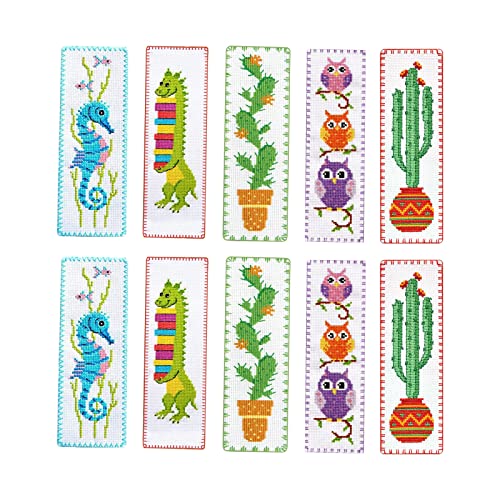 10Pcs Cross-Stitch Stamped Kits,Cross Stitch Bookmark Kits Pre-Sorted Floss for Kids Adults Beginner, DIY Pre-Printed Crossstitch for Book Lovers (5 Styles)