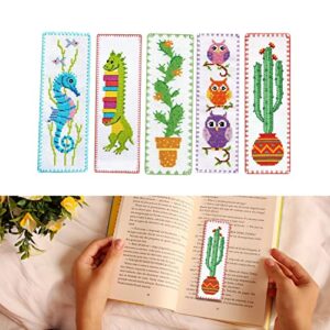 10Pcs Cross-Stitch Stamped Kits,Cross Stitch Bookmark Kits Pre-Sorted Floss for Kids Adults Beginner, DIY Pre-Printed Crossstitch for Book Lovers (5 Styles)