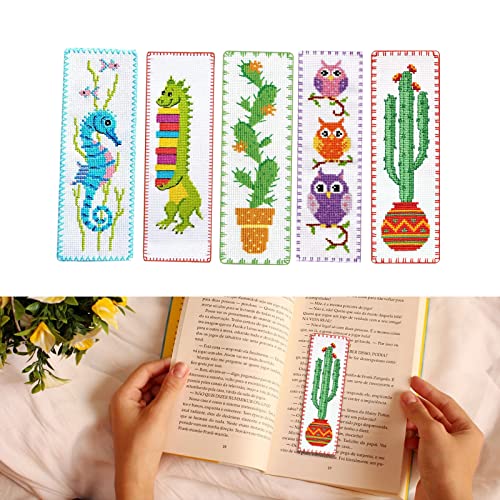 10Pcs Cross-Stitch Stamped Kits,Cross Stitch Bookmark Kits Pre-Sorted Floss for Kids Adults Beginner, DIY Pre-Printed Crossstitch for Book Lovers (5 Styles)