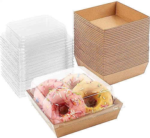 DESUNESS 50 Pack Paper Charcuterie Boxes with Clear Lids, 5" Brown Oil-Proof Paper Dessert Boxes Food Containers for Bakery, Macaron, Sandwich, Cookies, Mini Cakes (Box)