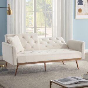 noebanje mid century modern velvet loveseat couches, convertible futon sofa bed with metal legs and pillows, adjustable sleeper sofa for small spaces, bedroom living room (beige)