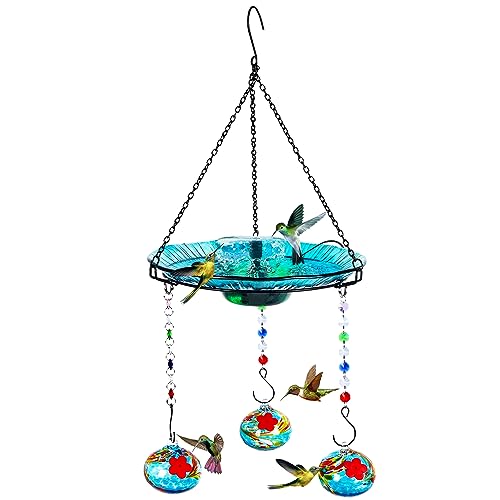 Headak Life Hummingbird Feeder and Bird Bath for Outdoors 2-in-1 for Small Birds - Hummingbird Bath Fountain with 3 Red Feeder Pots - Hanging Solar Bird Bath Fountains