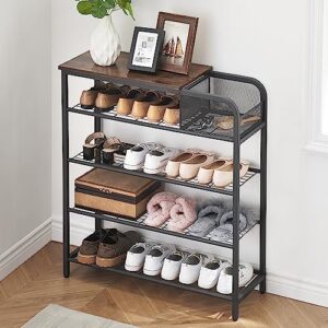 idealhouse shoe rack for entryway, 5 tier shoe storage shelves with mesh storage basket, 16-20 pairs shoe organizer with wooden top shelf for closet, hallway, entryway, rustic brown