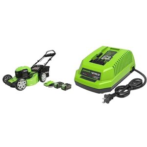 greenworks 40v 21" brushless (smart pace) self-propelled lawn mower, 2 x 4ah usb (power bank) batteries and charger included mo40l4413 & 40v lithium-ion battery charger (genuine greenworks charger)