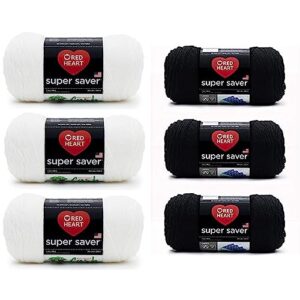 red heart super saver yarn, 3 pack, white 3 count & super saver yarn, 3 pack, black 3 count