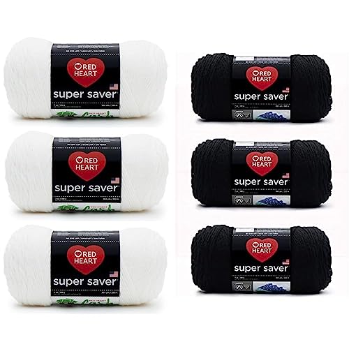 Red Heart Super Saver Yarn, 3 Pack, White 3 Count & Super Saver Yarn, 3 Pack, Black 3 Count