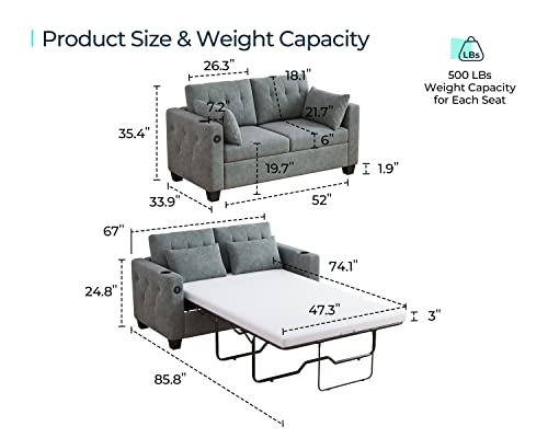 LINSY HOME Pull Out Sofa Bed, 2-in-1 Convertible Sleeper Couch with Memory Foam Mattress, Two Seat Loveseat Sleeper Sofa Bed for Living Room, Dark Grey, Full Size