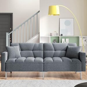 ridfy modern upholstered adjustable folding sofa bed with two pillows and metal legs, linen fabric futon couch with armrests for living room, apartment, dorm, home, office (dark gray)