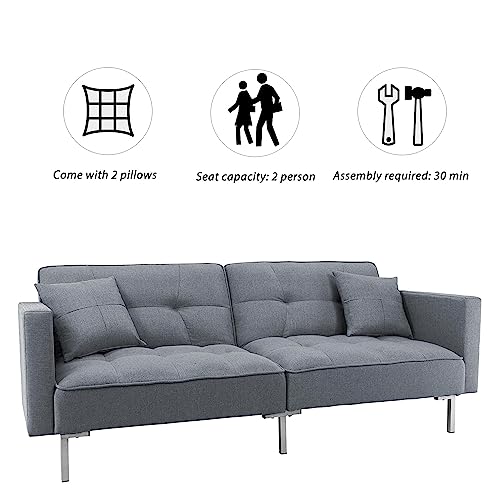 RIDFY Modern Upholstered Adjustable Folding Sofa Bed with Two Pillows and Metal Legs, Linen Fabric Futon Couch with Armrests for Living Room, Apartment, Dorm, Home, Office (Dark Gray)