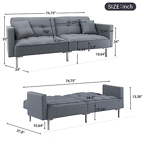 RIDFY Modern Upholstered Adjustable Folding Sofa Bed with Two Pillows and Metal Legs, Linen Fabric Futon Couch with Armrests for Living Room, Apartment, Dorm, Home, Office (Dark Gray)