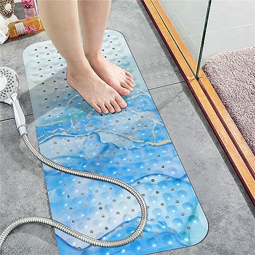 Topotdor Abstract Bathtub Mat Non Slip for Shower Tub, 40 X 16 Inch Extra Long Bath Mat for Adults & Kids, Blue Marble Shower Floor Mat with Suction Cups & Drain Holes, Machine Washable