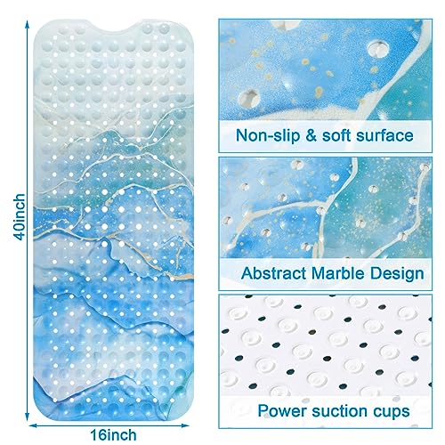 Topotdor Abstract Bathtub Mat Non Slip for Shower Tub, 40 X 16 Inch Extra Long Bath Mat for Adults & Kids, Blue Marble Shower Floor Mat with Suction Cups & Drain Holes, Machine Washable