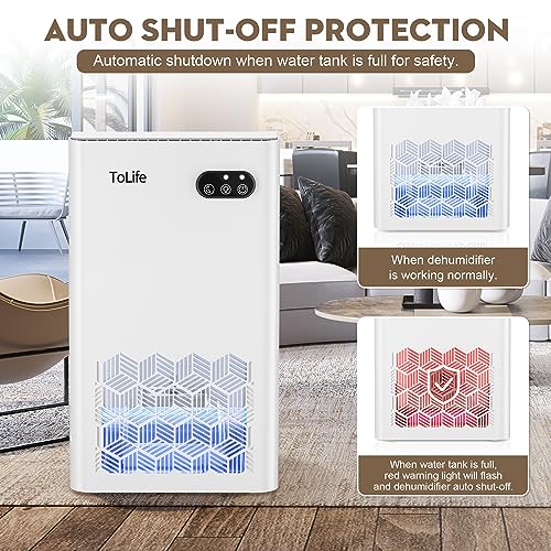 Dehumidifier, ToLife Dehumidifiers for Room, 95 OZ Water Tank, (950 sq.ft) Dehumidifiers for Basement Home Bathroom Bedroom with Auto Shut Off, 7 Colors LED Light, White