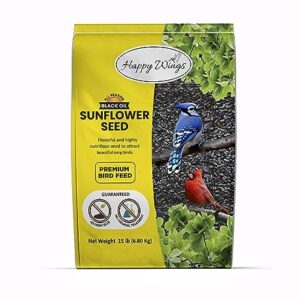 Happy Wings Black Oil Sunflower Seeds Wild Bird Food- 15 Pounds | No Grow Seed | Bird Seed for Wild Birds