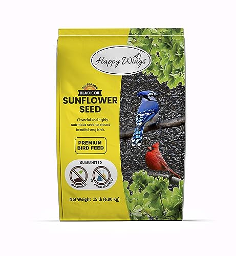 Happy Wings Black Oil Sunflower Seeds Wild Bird Food- 15 Pounds | No Grow Seed | Bird Seed for Wild Birds