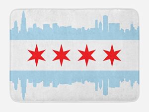 chicago skyline bath mat, city of chicago flag with high rise buildings scenery national, soft flannel non-slip carpet bedroom kitchen floor door mats,red white20 x32
